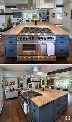 two pictures of a kitchen with an island and stove