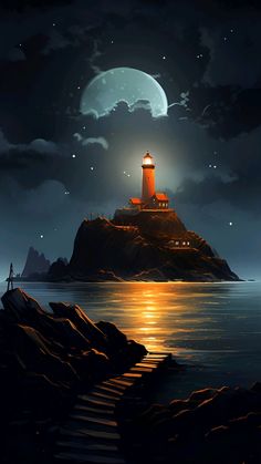 a painting of a lighthouse at night with the moon in the sky