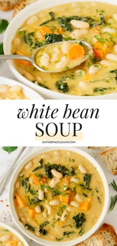 two bowls of white bean soup with bread on the side