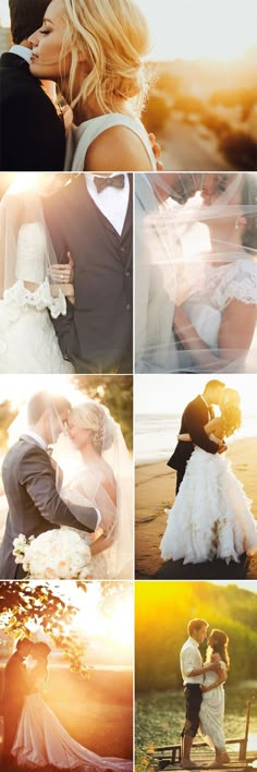 the bride and groom are posing for pictures in their wedding day photoshopped together