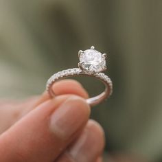 a close up of a person holding a ring with a diamond in it's center