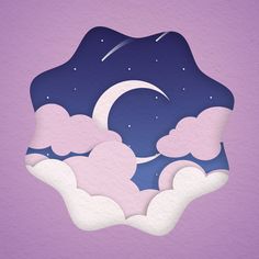 paper cut out of clouds with the moon and stars in the sky above them on a purple background