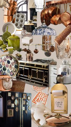 a collage of kitchen items including pots, pans and utensils hanging from the ceiling