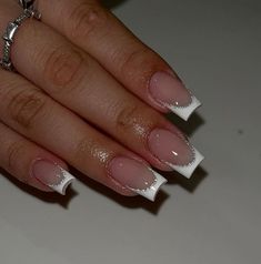 French Tip Acrylic Nails With Sparkle, French Tips Nails Glitter, French Tip For Wedding, French Tip Nails Square Glitter, Glitter French Nails Square, French Nails With Sparkle Glitter, Glitter Lined French Tips, French Tip Nails Square With Design, White French Tip Nails With Design Summer