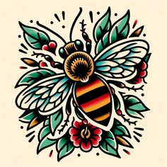 a drawing of a bee with leaves and flowers on it's back side is shown