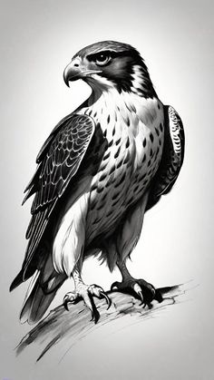 a black and white drawing of a hawk