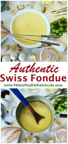 an image of a bowl of soup with spoons and bread on the side that says authentic swiss fondue