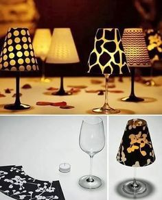 three different lamps and some glasses on a table with paper doily in the middle