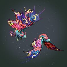 two colorful birds flying in the air on a dark background with stars and circles around them