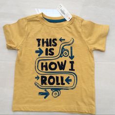 Boys Tee Shirt, New With Tags Fun Yellow Shirt For Spring, Playful Yellow Shirt For Spring, Yellow Letter Print Tops For Playtime, Yellow Playful Tops For Playtime, Playful Yellow Tops For Playtime, Fun Yellow Spring Shirt, Playful Yellow Shirt With Graphic Print, Casual Yellow T-shirt For Play, Playful Yellow Crew Neck Top