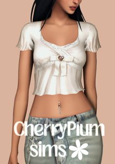 a woman in white shirt and jean shorts with the words cherrypum simss on it