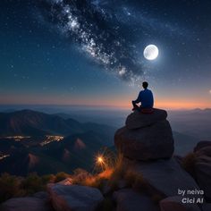 a man sitting on top of a rock looking at the night sky