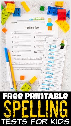 free printable spelling test for kids with legos and building blocks on the table