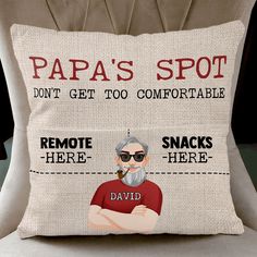 Create a space just for Grandpa with our "Grandpa's Spot" Personalized Pocket Pillow. This unique pillow, featuring a touch of humor and a custom face design, becomes a special haven personalized just for him.Tailored for the Best Papa, this pocket pillow makes an exceptional and funny gift from daughters, sons, or children who want to celebrate their father's unique sense of comfort. It's not just a pillow; it's a personalized sanctuary that captures your appreciation and love.Perfect for Father's Day, birthdays, Christmas, or as a heartfelt thank-you gift, surprise Dad, Grandpa, Papa, or your beloved husband with this pocket pillow that speaks directly to their sense of humor and comfort. This isn't just a functional present but a cherished memento, adding a personal touch to their relax Pillow Crafts, Pocket Pillow, Unique Pillow, Feeling Appreciated, Gift For Grandpa, Unique Pillows, Grandpa Gifts, Face Design, Thank You Gifts