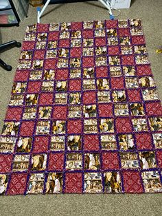 a red and purple blanket with pictures on it