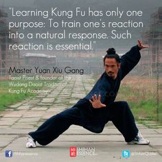 a man is doing yoga in front of a sign that says, learning king fu has only one purpose to train one's reaction into a natural response such recreation is essential