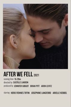 a man and woman kissing in front of a poster for the film after we fell