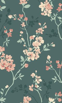 a floral wallpaper with pink flowers and green leaves on a dark blue background,