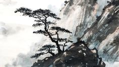 a painting of a mountain with trees on it