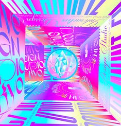 an abstract image with the words and symbols in pink, blue, yellow and green