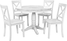 a white table with four chairs and a round marble top dining set on a white background