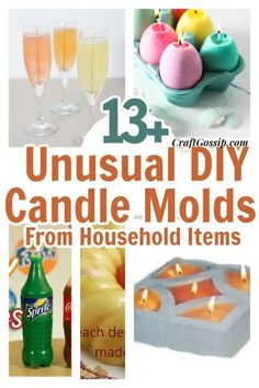 candles and bottles are arranged in the shape of ice cubes with text overlay that reads 13 unusual diy candle molds from household items