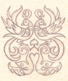 a drawing of two birds with swirls on their wings and the word love written in it