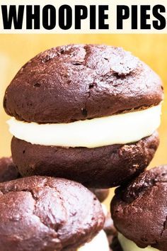 three chocolate whoopie pies stacked on top of each other with the title overlay