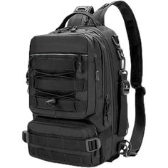 a black backpack with multiple compartments on the front and back straps, attached to a shoulder strap