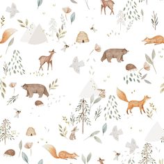 an animal themed wallpaper with trees, leaves and animals