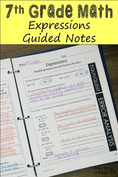 the 7th grade math expressions guide is open on top of a desk with text overlay