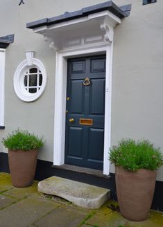 two potted plants in front of a blue door on a grey house with white trim