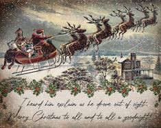 an old fashioned christmas card with santa riding in his sleigh