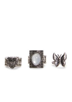 cuz get into a boho vibe! This ring set includes 5 rings with a variety of designs to make you look in style. Bohemian Style Adjustable Metal Midi Rings, Adjustable Bohemian Metal Midi Rings, White Bohemian Metal Rings, Adjustable Bohemian Stackable Rings, Whimsigoth Rings, Witchy Rings, Goth Items, Faux Fur Outfit, Edgy Clothing