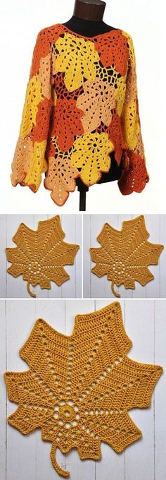 the crocheted sweater is made with yellow and orange yarn, which has leaves on it