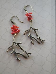 These fun coral dangle earrings feature tiny pieces of vibrant orange/red coral on gold brass coral reef branches, inspired by snorkeling in Hawaii's beautiful underwater world - vibrant and full of life. The metal coral branches are double sided so the earrings are beautiful from all angles. They are very lightweight and perfect for daily wear! Available in silvertone and gold/brass. The ornate ear hooks feature a carved design which compliments the reef branches and are hypoallergenic. Total l Coral Beaded Earrings For Gifts, Handmade Coral Earrings For Gifts, Bohemian Coral Dangle Earrings, Handmade Red Coral Dangle Earrings, Bohemian Coral Dangle Jewelry, Coral Earrings With Ear Wire As Gift, Coral Dangle Jewelry For Gifts, Coral Jewelry Gift With Ear Wire, Coral Jewelry With Ear Wire For Gift