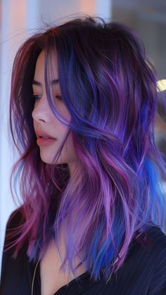 26 Vibrant Blue Hair Shades to Brighten Your Day Brown Purple Blue Hair, Hair Color Ideas Purple And Blue, Purple Hair Gradient, Cosmic Hair Color, Dark Fantasy Hair Color, Blue Purple Hair Color, Pretty Colored Hair, Bisexual Hair Color