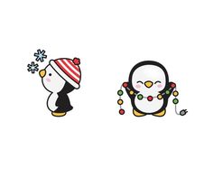 two penguins wearing christmas hats and one penguin with a snowflake on its head