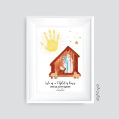 a christmas card with an image of the birth of jesus and baby jesus in a manger