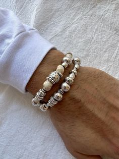 Men Large Beaded Bracelets Silver Mens Beads Bracelet Large - Etsy Beaded Bracelets For Men, Handmade Beaded Bracelets, Bracelets Silver, Sterling Silver Bead Bracelet, Large Bracelet, Men's Bracelets, Types Of Gifts, Silver Bead Bracelet, Mens Beaded Bracelets