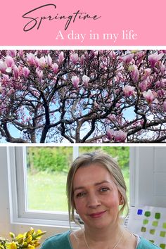 a woman standing in front of a tree with pink flowers on it and the words springtime a day in my life