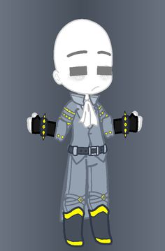 a paper doll with yellow and black gloves on it's arms, standing in front of a gray background