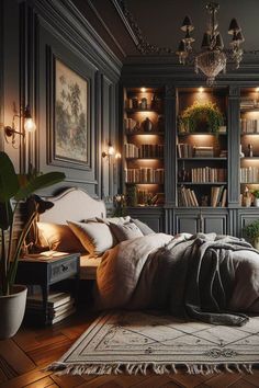 a bedroom with bookshelves, lights and a bed in the middle of it