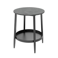 a black table with a marble top and two legs on one side, in front of a white background