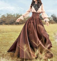 Victorian Aesthetic Outfit Dresses, Pretty Medieval Dresses, Brown Victorian Dress, Victorian Outfit Drawing, Victorian Oc Art, Old Fashion Dresses Vintage Classy, Victorian Outfits Aesthetic, Medieval Aesthetic Outfit, Steampunk Princess