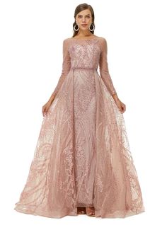 A-line Jewel Floor-length Long Sleeve Appliques Lace Sequined Prom Dre – Ballbella Dress Display, Corset Dress Prom, Sequin Sleeve, Lace Side, Custom Size Dresses, Prom Formal, Pink Long Sleeve, Linnet, Formal Dresses Prom