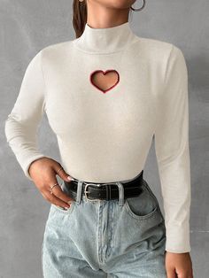 Women's Hollow Out Heart Shaped Turtleneck T-shirt Apricot Casual  Long Sleeve Fabric Plain  Medium Stretch  Women Clothing, size features are:Bust: ,Length: ,Sleeve Length: Spring Tops With Heart Graphic And Stretch Fit, Stretch Tops With Heart Graphic For Spring, Spring Tops With Heart Graphic And Stretch, Fitted Heart Print Tops For Fall, Fitted Heart Print Top For Valentine's Day, Trendy Long Sleeve Top With Heart Print, White Long Sleeve Tops With Heart Print, White Long Sleeve Tops With Heart Graphic, White Long Sleeve Top With Heart Graphic