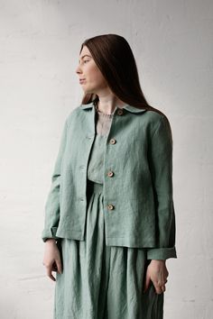 Classic jacket is made from 100% soft and washed heavy weight linen. Details: - Composition: 100% Oeko-Tex certified linen - A shaped - Colour: mint - Coconut buttons - Peter pan collar - Size: XS, S, M, L, XL, XXL - Heavy weight linen - Linen care: machine wash gentle; tumble dry low, ironing optional - The price is for one jacket, other pictured items are not included Casual Linen Outerwear With Button Cuffs, Spring Linen Utility Jacket With Pockets, Spring Linen Utility Jacket With Relaxed Fit, Everyday Linen Outerwear With Buttoned Pockets, Linen Outerwear With Button Closure, Relaxed Fit, Relaxed Fit Linen Utility Jacket With Long Sleeves, Relaxed Fit Linen Outerwear With Button Closure, Linen Spring Outerwear With Button Cuffs, Spring Linen Outerwear With Button Cuffs