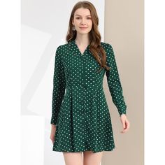 This vintage shirt dress features classic polka dots and a notched collar adding an elegant feel, and it will be your must-have piece during the cool season. A-line, fitted waist, pleated detail, and button-up design make a refined look, allowing you to wear and undress easily. Style this vintage shirt dress with heels or boots for a casual charming look at fall. Collared Polka Dot Dresses With Buttons, Polka Dot Collared Dress With Buttons, Spring Polka Dot Collared Dresses, Polka Dot Button-up Dress, Polka Dot Button-up Dress With Buttons, Vintage Shirt Dress, Maxi Bodycon Dress, Button Down Shirt Dress, Midi Slip Dress