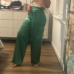 Brand New With Tags, Never Worn. No Issues. I’m Modeling And Am 5’2.5.” Waist 29” Rise 11” Inseam 31.5” High Waist Green Cargo Pants For Workwear, Chic Green Cargo Pants With Pockets, Green High Waist Work Pants, Target Jumpsuit, Satin Cargo Pants, Cargo Pants Color, Green Satin, Pants Color, A New Day